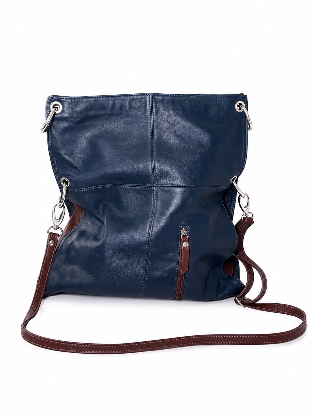 Made in Florence Real Leather Classic Navy Leather Crossbody Bag with Brown Trim